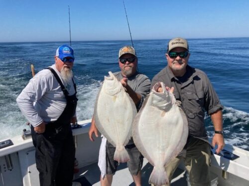 3 fishermen display the white underside of their fluke catch